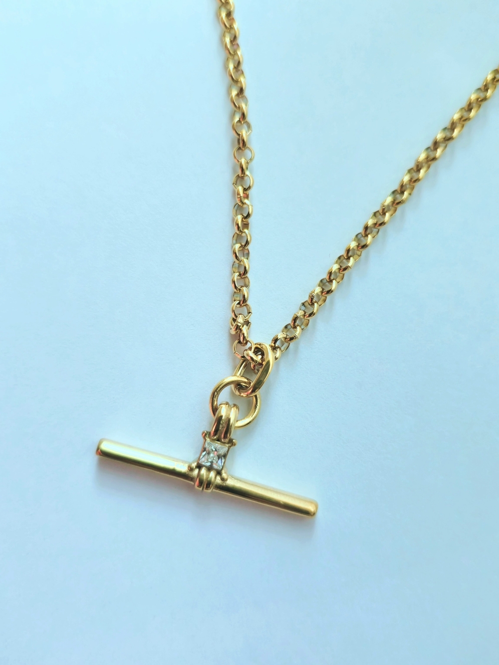 Trendy 18K Gold T Bar Pendant Necklace w/ CZ Accent -NEW Women Jewelry